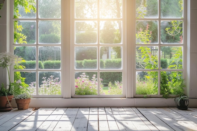 Biały wysoki parapet okienny z letnim ogrodem na tle