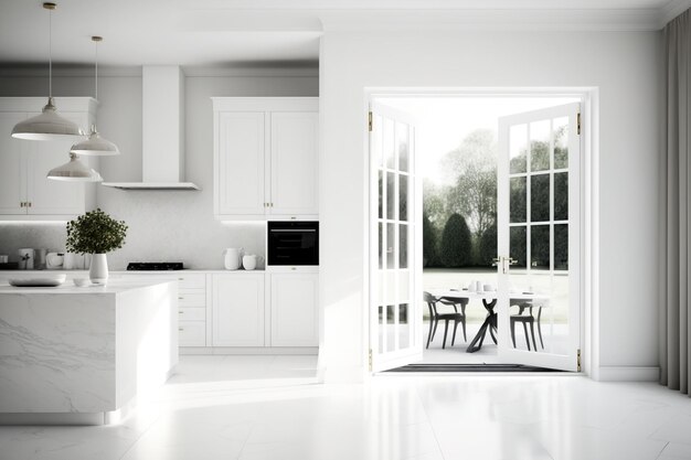 Biały wystrój wnętrz architekt projektant koncepcja niewyraźne tło otwieranie białych drzwi składanych na retro vintage kuchnia z marmurową podłogą i oknami jadalnia stół i krzesła