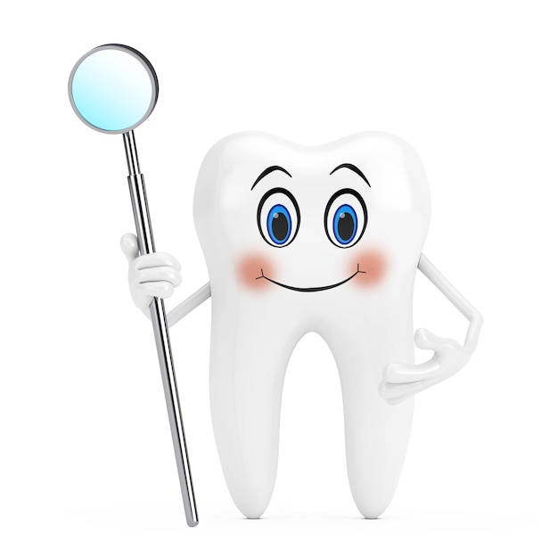 Biały ząb osoba charakter maskotka z lusterkiem inspekcyjnym zębów na białym tle renderowania 3d