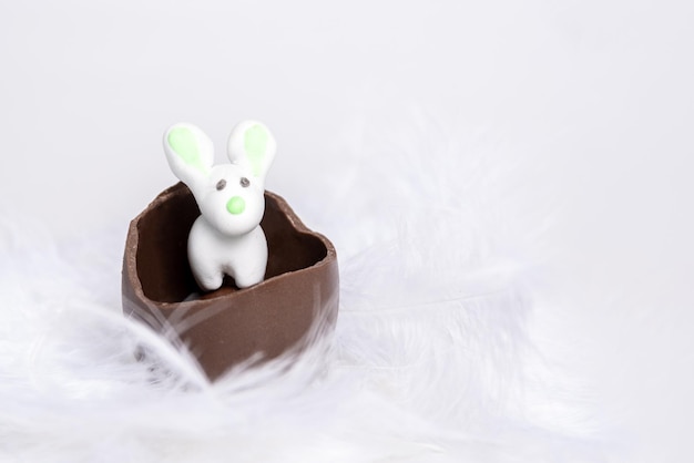 Biały zając wielkanocny w pękniętym czekoladowym jajku w białym miękkim gnieździe z piór zbliżenie miejsce na kopię Wielkanocny królik marcepanowy w pękniętym czekoladowym jajku wśród miękkich puszystych białych piór