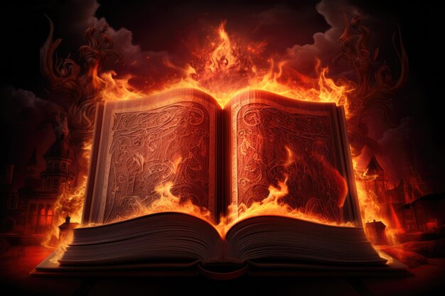 Biblia, książka boga chrześcijaństwa o przymierzach Jezusa Chrystusa z płomieniem ognia i aniołem złotych odcieni