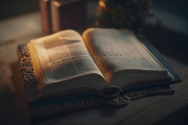 Biblia Święta Otwarta księga odbija się w stole Książka jako symbol Biblii Koncepcja czytania literatury chrześcijańskiej modląca się Religia Jezus Chrystus Syn Boży stare pismo święte