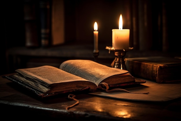 Biblia ze świecą na stole z ciemnym tłem