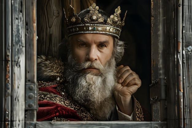 Zdjęcie biblijny król w królewskim stroju patrzy kontemplacyjnie przez okno zamkowe koncepcja biblijny król królewski strój okno zamkowe spojrzenie kontemplacyjne