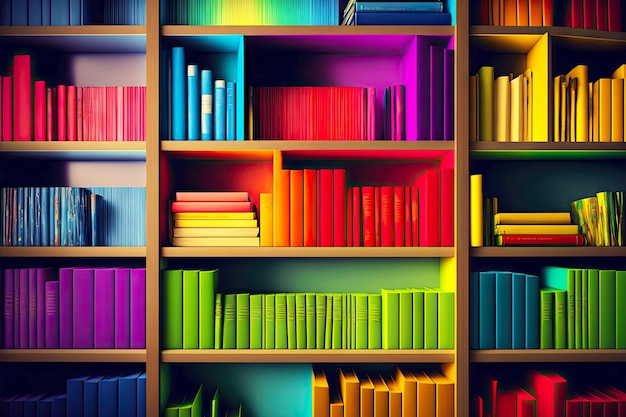 Biblioteczne książki koncepcyjne w kolorach tęczy w szafie na półkach utworzone za pomocą generatywnej ai