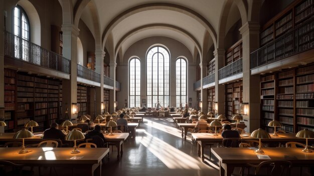 Biblioteka Jest Pełna Ludzi Czytających, A Książki Na Półkach Są Ustawione W Rzędach Z Stołami I Krzesłami.