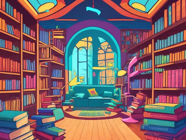 Biblioteka książek Ilustracja kreskówka