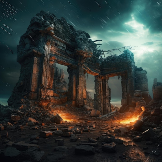 biblioteka starożytne ciemne ruiny vang gogha surrealistyczny krajobraz wiatr huragan epicki bursztyn zielony fantazja