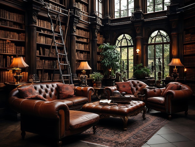 Zdjęcie biblioteka unisex z półkami od podłogi do sufitu przyjemne czytanie ilustracja trendy dekoracja tła.