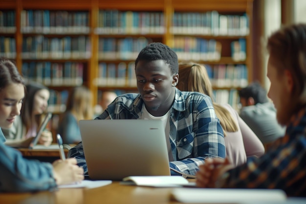 Biblioteka Uniwersytetu Różnorodna grupa utalentowanych studentów dyskutuje o użyciu laptopa Przygotuj się do egzaminów