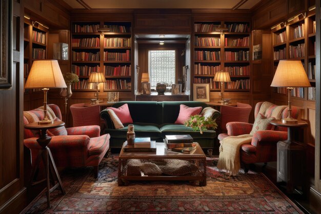 Biblioteka z drewnianymi panelami wypełniona książkami i przytulnymi krzesłami stworzonymi za pomocą generatywnej AI