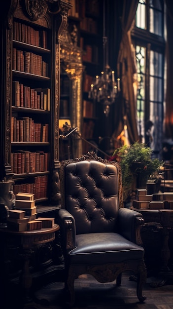 Biblioteka z krzesłem i półką na książki.
