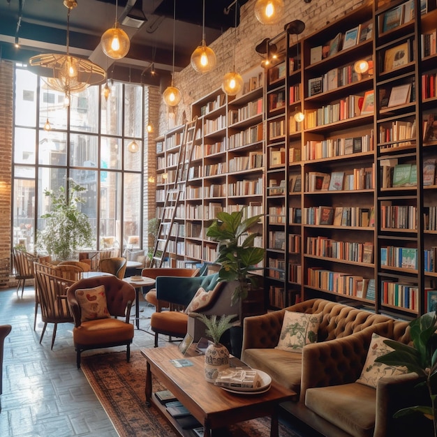 Zdjęcie biblioteka z książkami na półkach i półka z książką na niej.