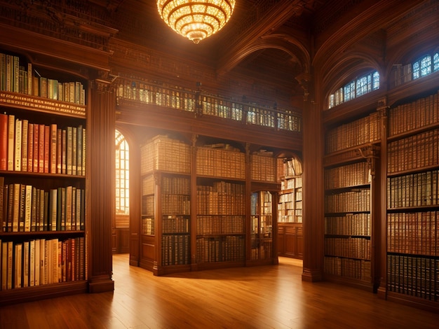Biblioteka z wieloma książkami na półkach