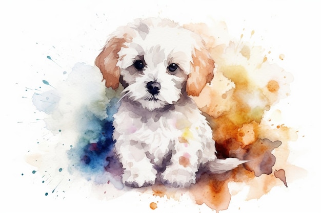 Bichon frise uroczy szczeniaczek akwarela ilustracja z kolorowymi plamami wszystkich ras psów