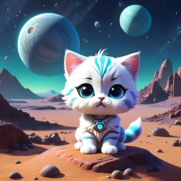 Biedny mały kot Chibi wędruje zagubiony na nieznanej obcej planecie przerażony i samotny jego małe łapy