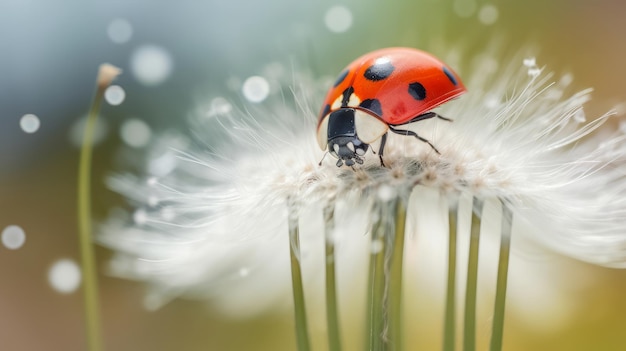 Biedronka na białym dandelion Ilustracja AI GenerativexA