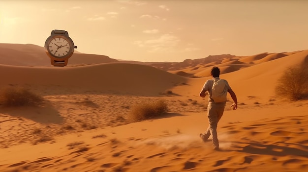 Biegacz biegnie do olbrzymiego zegarka na pustyni wyścig przeciwko czasowi ograniczony czas