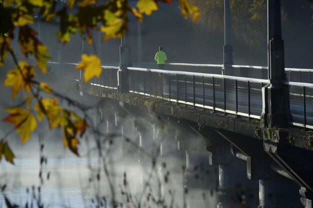 Biegacz na moście z mgłą nad rzeką