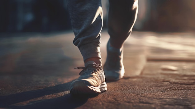 Biegacze biegający na zewnątrz Zbliżenie tenisówek na ulicy o zachodzie słońca Wygenerowane przez AI