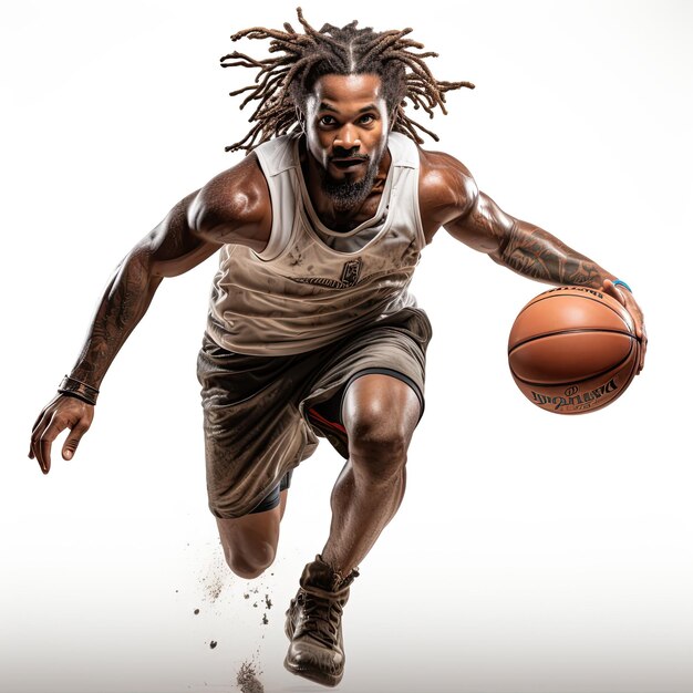 biegający czarny człowiek profesjonalny koszykarz z piłką w rękach na białym izolowanym tle