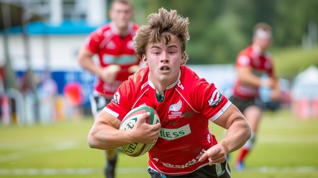 biegający gracz rugby trzymający piłkę rugby na stadionie rugby na boisku rugby