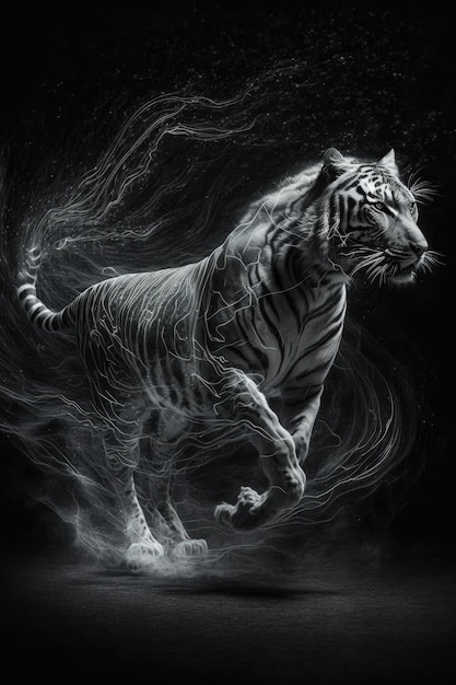 biegający tygrys duchowy z magicznym patronusem na czarnym tle