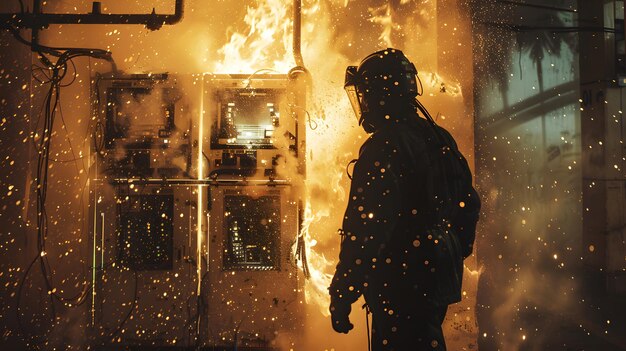 Biegły strażak zwalczający niebezpieczny pożar w pomieszczeniach handlowych Koncepcja awaryjna