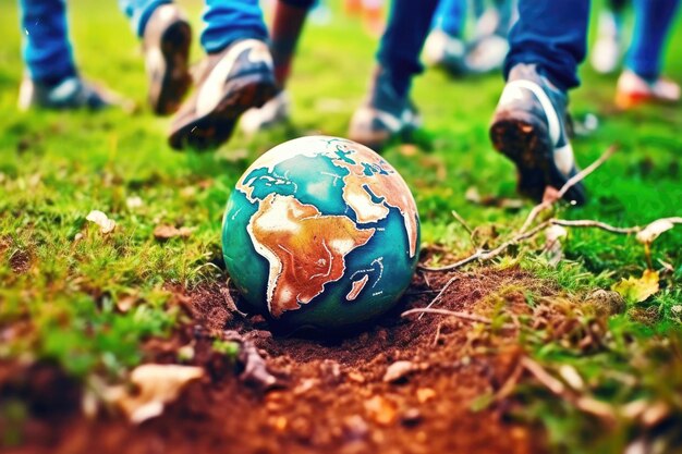Zdjęcie biegnące stopy piłkarzy i globus zamiast piłki nożnej