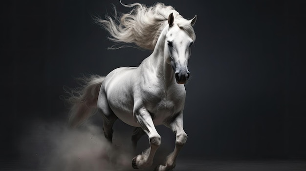 biegnący biały koń z długą grzywą