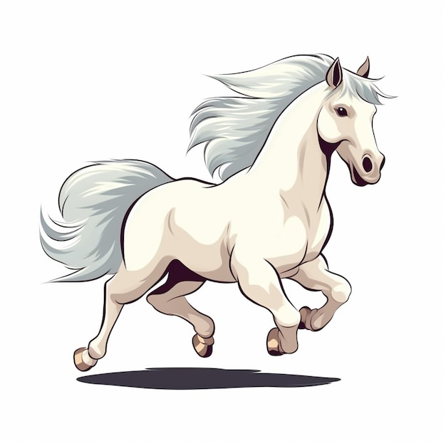 Biegnie biały koń z długą grzywą i ogonem.