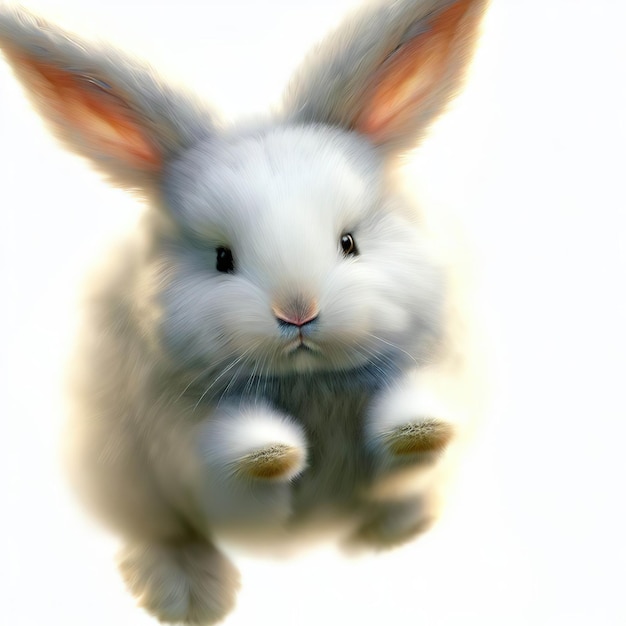 Biegnie biały królik z długimi uszami i dużym nosem.