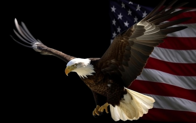 Bielik leci przed amerykańską flagą Dzień Niepodległości
