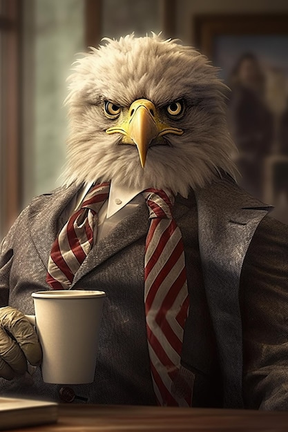 Bielik ubrany w garnitur i krawat trzymający filiżankę kawy generujący obraz ai