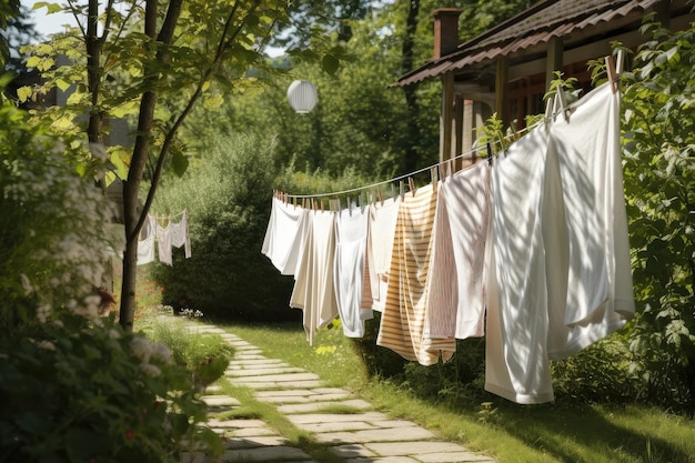 Zdjęcie bielizna w ogrodzie ze świeżo wypraną pościelą i ręcznikami gotowymi do użycia