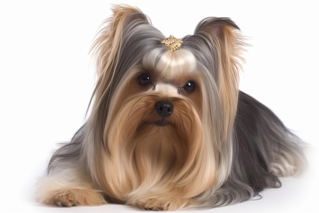 Biewer yorkshire terrier 3 lata przed białym tłem