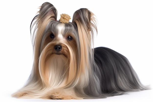 Biewer yorkshire terrier 3 lata przed białym tłem