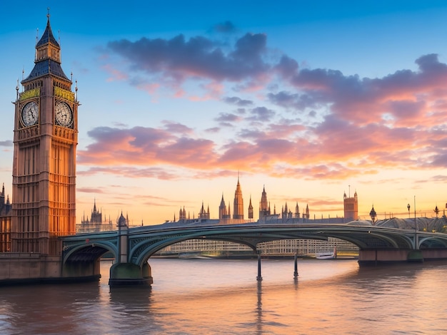 Big Ben i Westminster Bridge przy zachodzie słońca w Londynie, Wielka Brytania