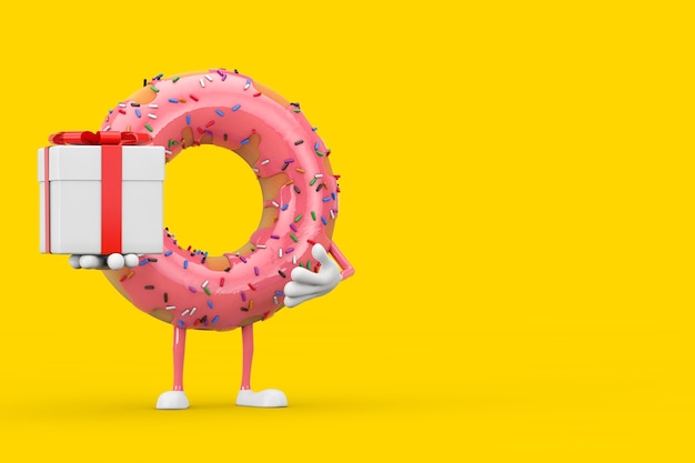 Big Strawberry Pink Glazed Donut Mascot Character z pudełkiem z czerwoną wstążką na żółtym tle. Renderowanie 3D