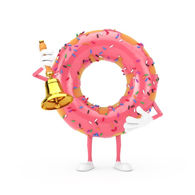 Big Strawberry Pink Glazed Donut maskotka znaków z rocznika złoty dzwonek szkolny na białym tle. Renderowanie 3D