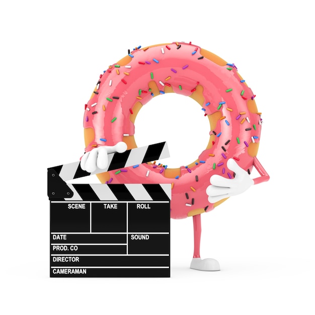 Big Strawberry Pink Glazed Pączek Maskotka Charakter Z Movie Clapper Board Na Białym Tle. Renderowanie 3d