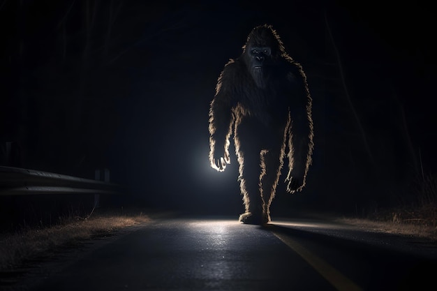 Bigfoot biegnący wzdłuż międzystanowej drogi leśnej w nocy w świetle reflektorów samochodowych Sieć neuronowa wygenerowana w maju 2023 roku Nie oparta na żadnej rzeczywistej scenie lub wzorce