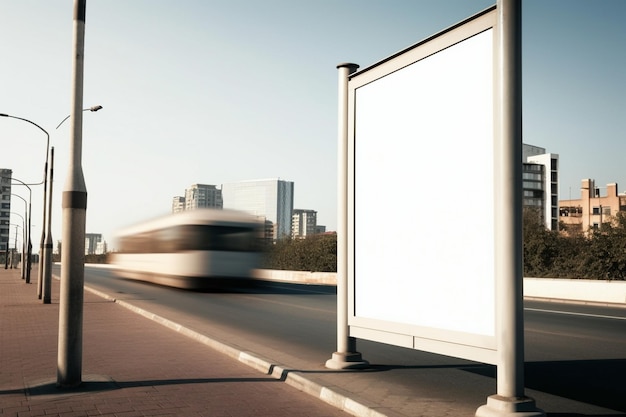 Billboard na poboczu drogi z przejeżdżającym autobusem.