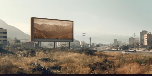 Zdjęcie billboard w środku miasta z górami w tle generatywny obraz ai