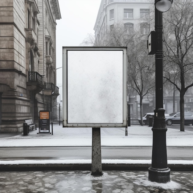 Zdjęcie billboard znajduje się na zaśnieżonej ulicy przed budynkiem.