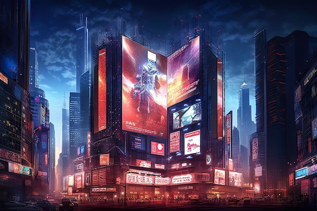 Billboardy na futurystycznej scenie miasta nocą Grafika koncepcyjna z futurystyczną wizją reklamy