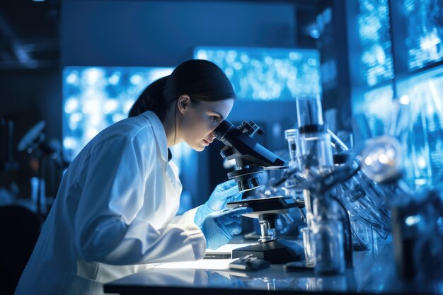 biochemik używający mikroskopu podczas pracy nad badaniami naukowymi w futurystycznym laboratorium