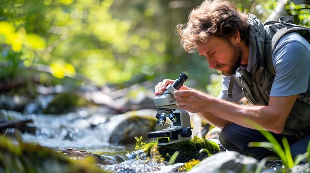 Biolog badający bioróżnorodność wodną za pomocą badania mikroskopowego w Bubbling Brook