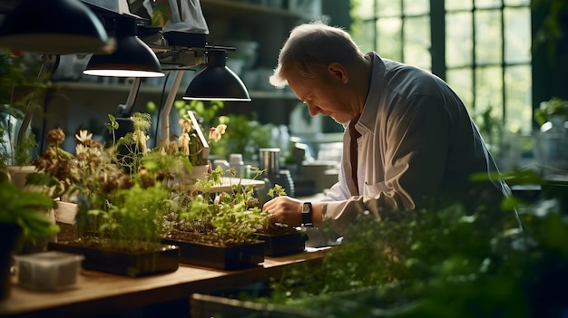 Biolog badający próbki roślin