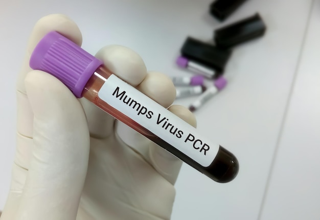 Zdjęcie biolog molekularny przechowuje próbkę krwi do testu pcr na wirusa świnki